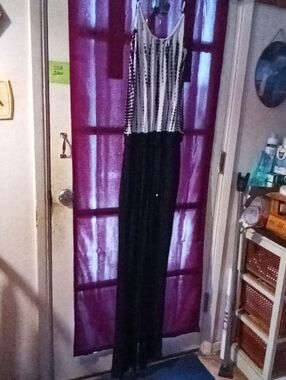 Women's VENUS Black and White Striped Tank Maxi Jumpsuit